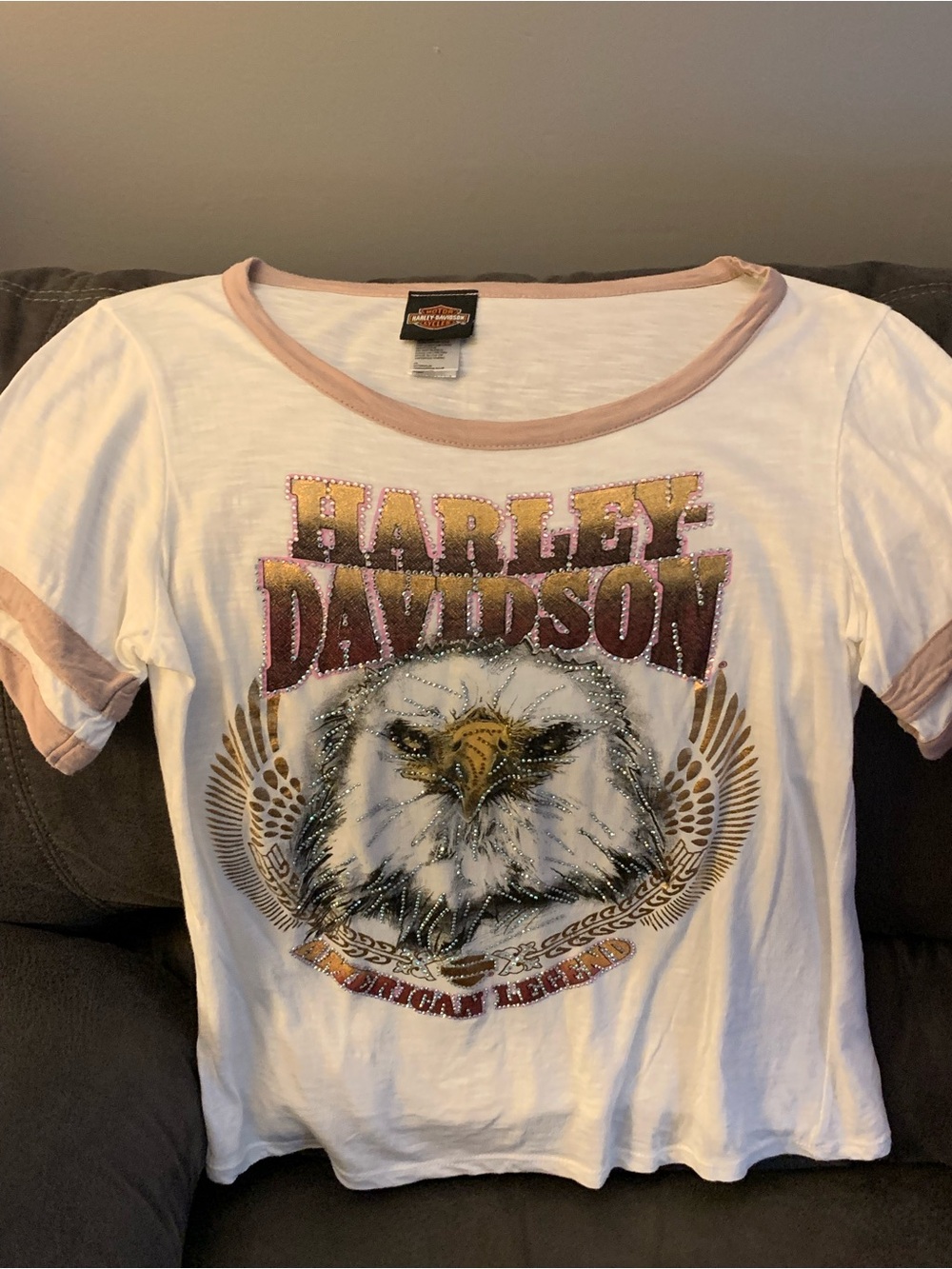 Harley-Davidson White Tee with Pink Trim and Eagle Graphic